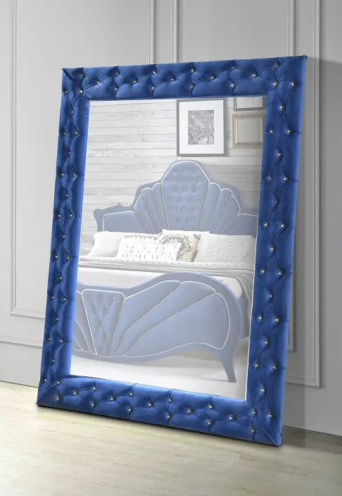Blue Velvet Floor Mirror With Sleek Metallic Trim 1