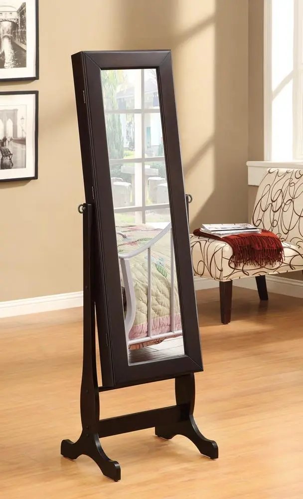 Cappuccino-Finished Button-Tufted Cheval Mirror & Jewelry Armoire 1