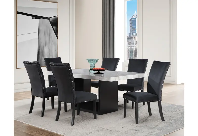 D02 Dining Table Paired With Six D03 Black Fabric Dining Chairs 1