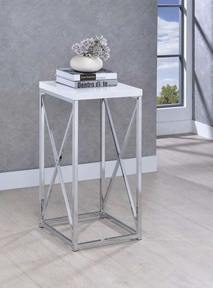 G930014 Glossy White & Chrome Accent Table – High-Shine Contemporary Design 1