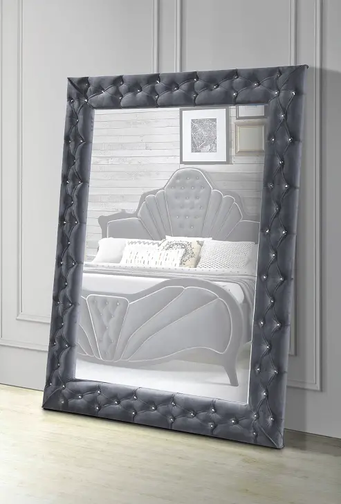 Gray Velvet Accent Floor Mirror With Slim Metallic Frame 1