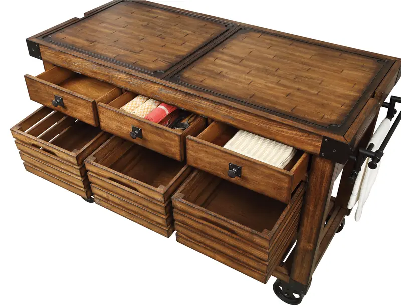 Kaif Distressed Chestnut Wood Kitchen Cart With Casters 1
