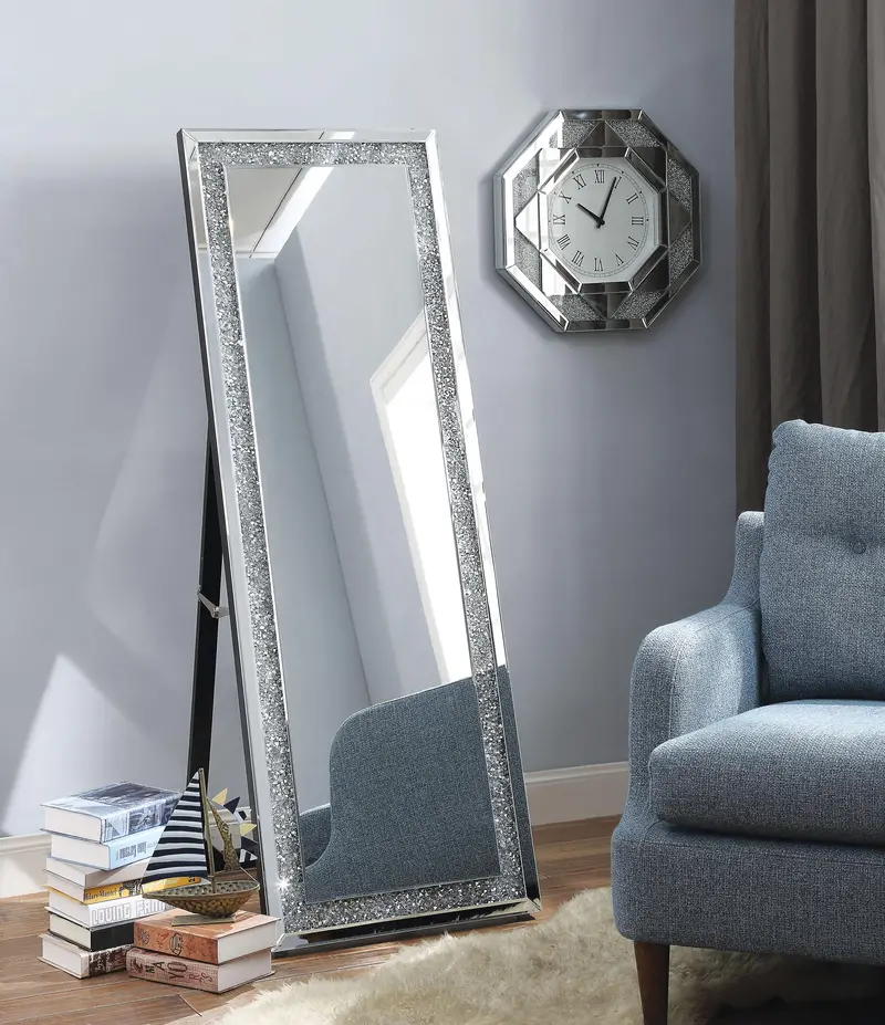 Noralie Floor Accent Mirror With Mirrored Frame And Faux Diamond Trim 1