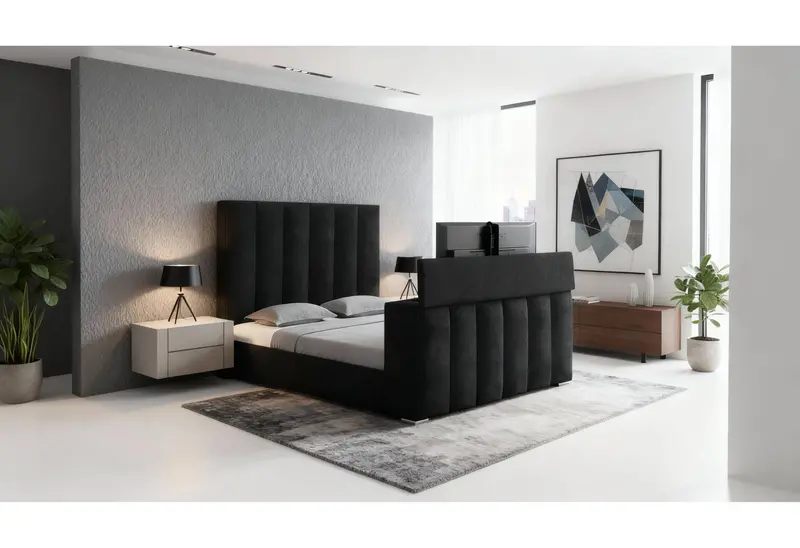 Serenity Onyx Queen Bed With Integrated Speaker, Motorized Tv Lift & Electric Fireplace 1
