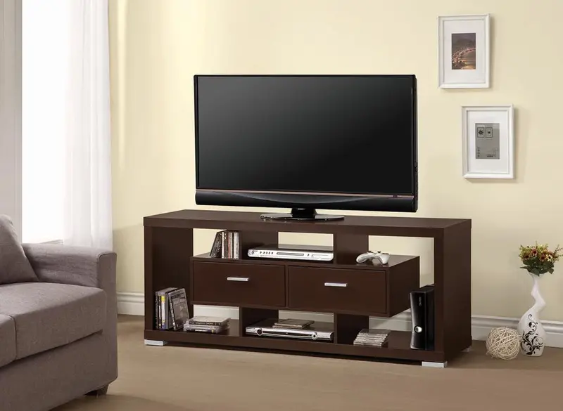 Transitional Cappuccino Media Console With Warm Tone 1