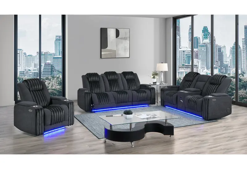 U8000 Black Power Sectional Set: Reclining Sofa + Console Loveseat + Single Recliner 1