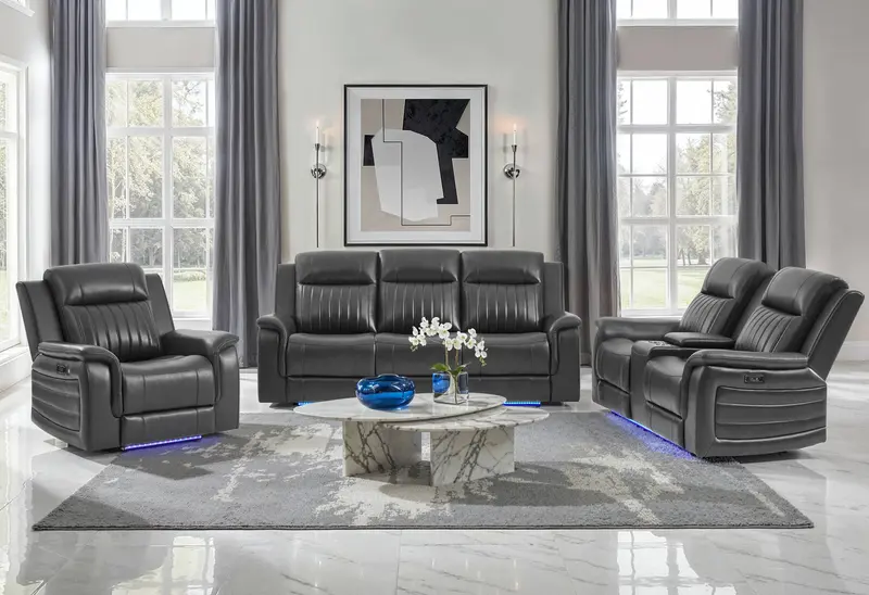 U8879 Charcoal Leather Power Reclining Sofa And Loveseat With Led And Global Surround Sound 1