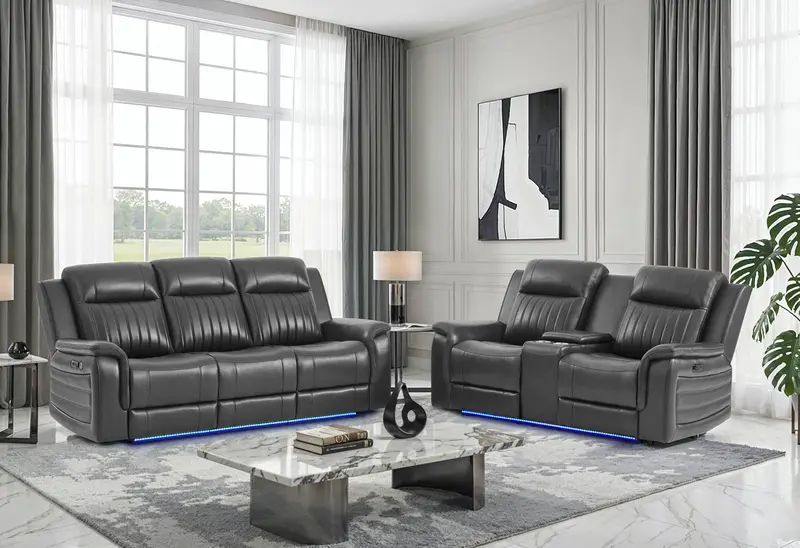 U8879 Charcoal Power Recliner Sofa And Console Loveseat With Led And Surround Audio 1