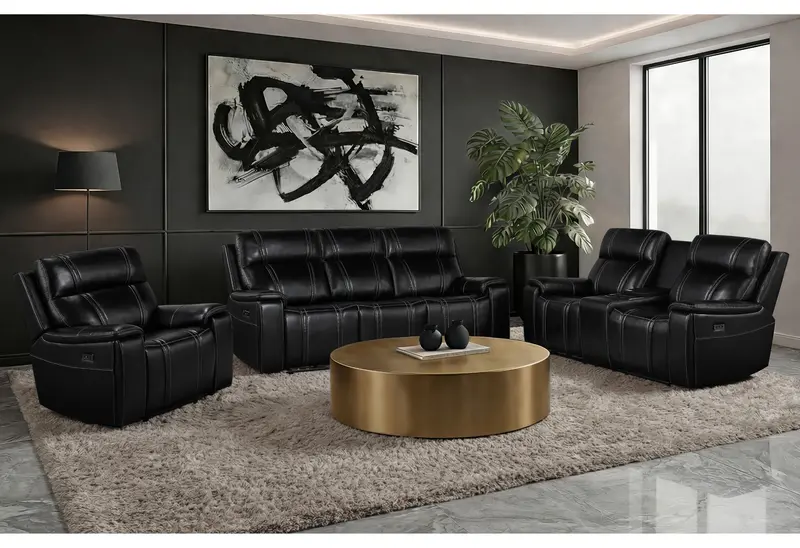 U8880 Black Leather Power Recliner Sofa With Console Loveseat And Reclining Chair 1