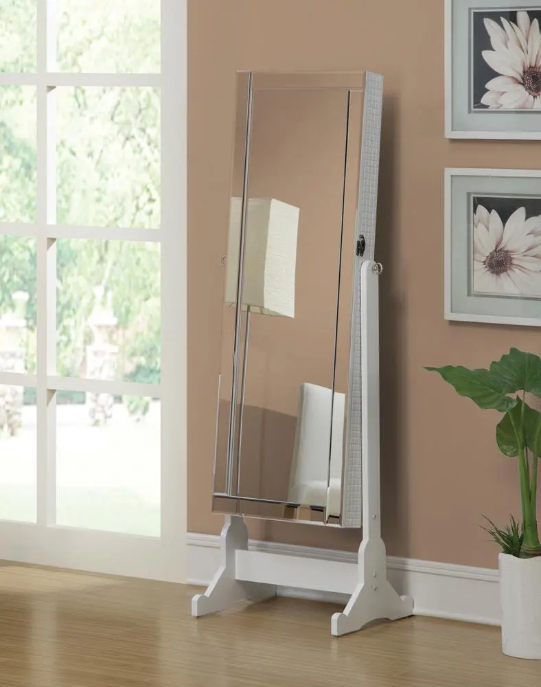 White Cheval Mirror With Integrated Jewelry Armoire – Transitional Design 1