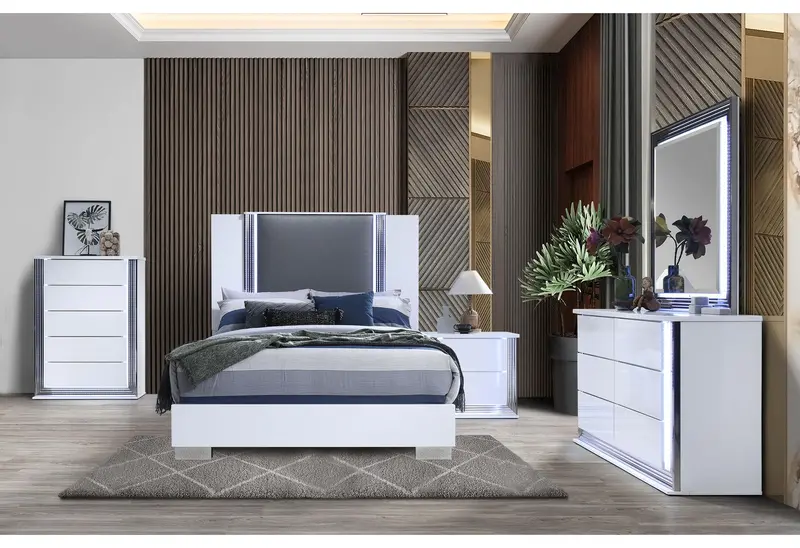 Ylime Smooth White 5-Drawer Dresser With Matching Mirror And Nightstand 1