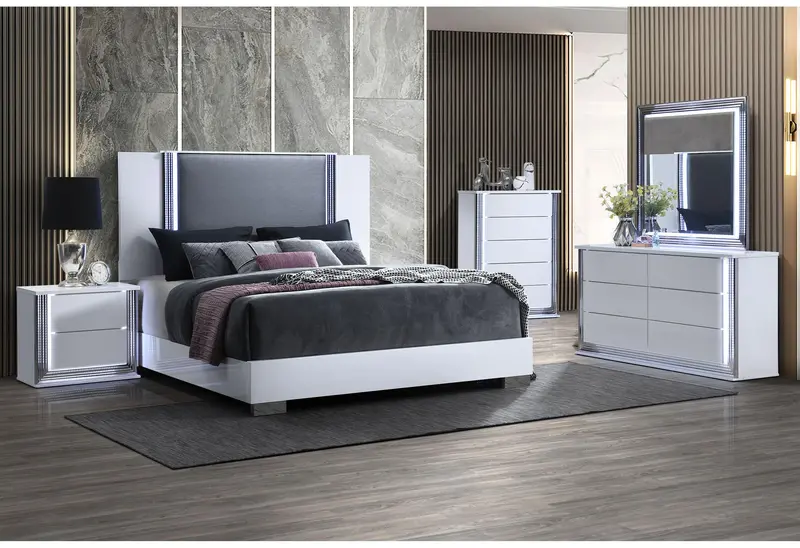 Ylime Smooth White King Bedroom Group: Slatted Bed, Vanity, Mirror, And Nightstand 1